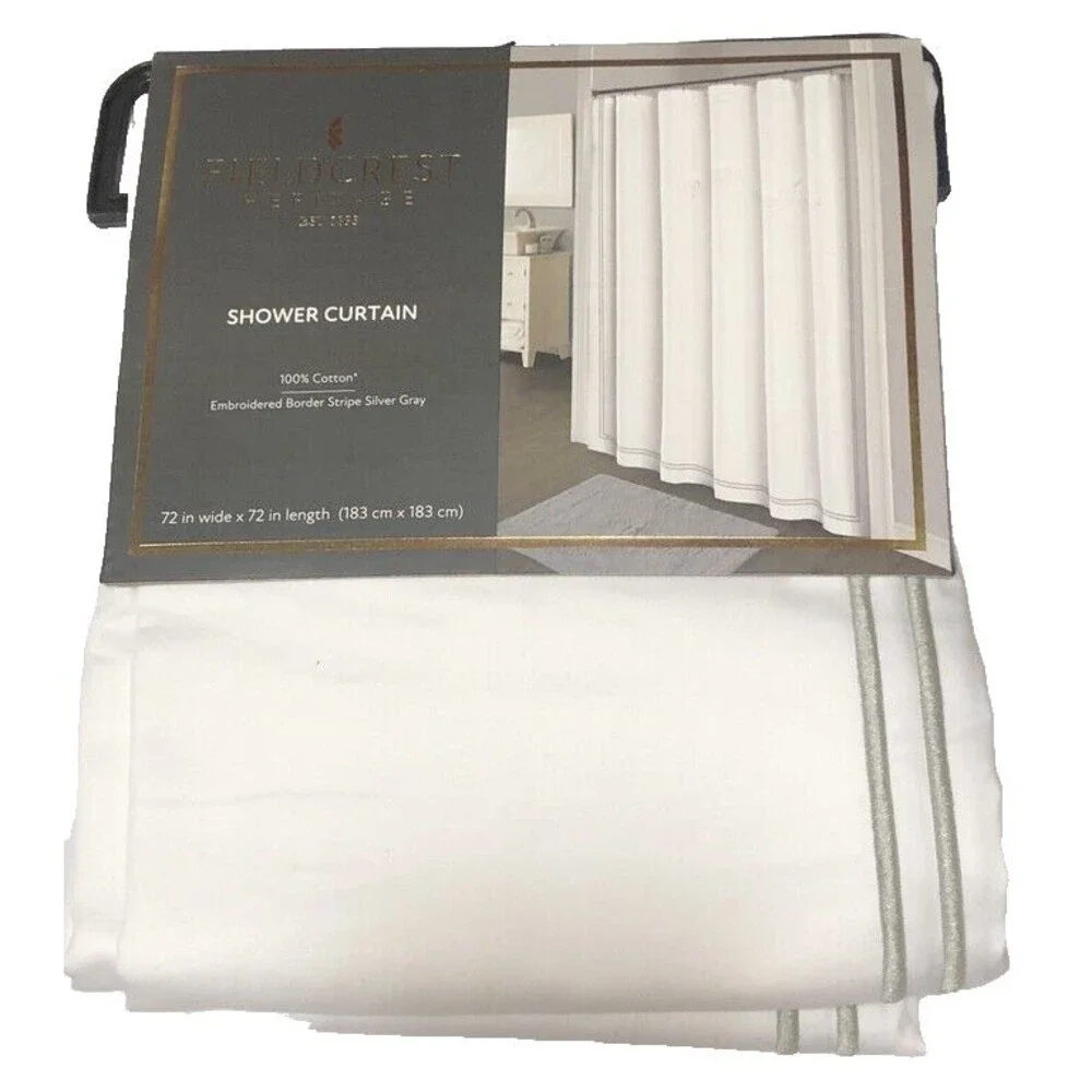 Fieldcrest Fabric Shower Curtain Double Baratta Silver Gray Border Stripe Cotton